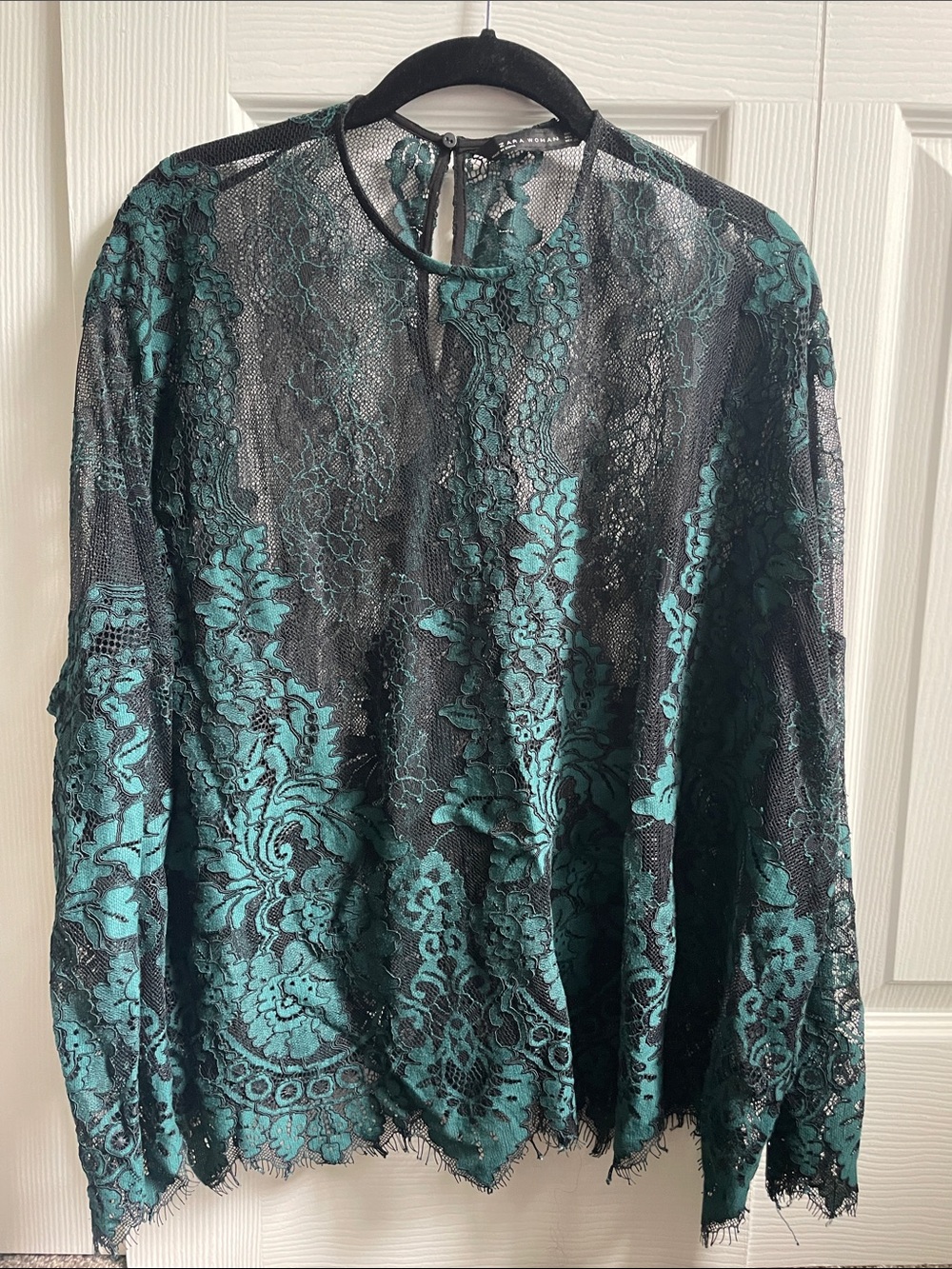 Zara Black Lace Blouse with Teal Underlay - Women's Top